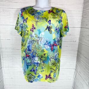 3xl plus Women green Blue floral butterfly‎ blouse cottage artsy coastal resort